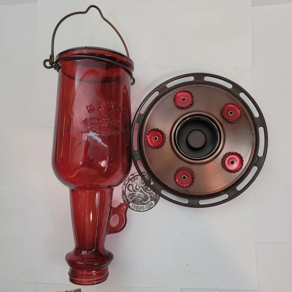 CB & Sons Nectar Hummingbird Feeder Red Glass Metal Vintage Hanging Outdoor 20oz